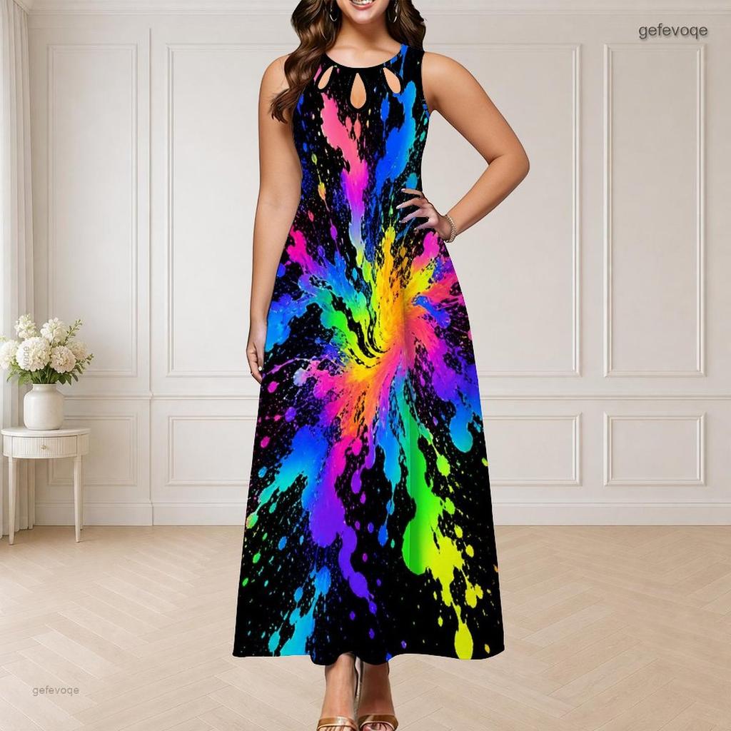 Robe Longue Imprimée Sans Manches Col Rond Décolleté Triple Découpe Grande Taille pour Femme