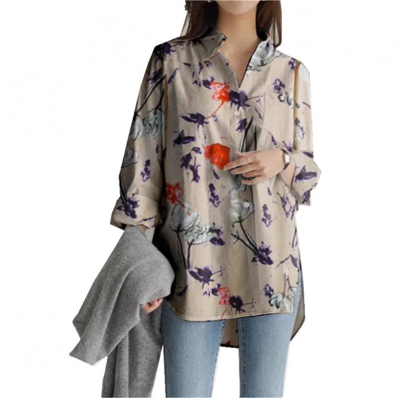 Langärmeliges lockeres Übergrößen-Freizeitshirt für Damen mit unregelmäßigem Druck