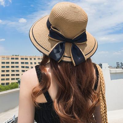 Chapeau de paille style coréen pour femme à large bord et nœud, chapeau de soleil ombrageant le visage pour usage extérieur à la plage, protection UV, chapeau de pêcheur en paille anti-soleil