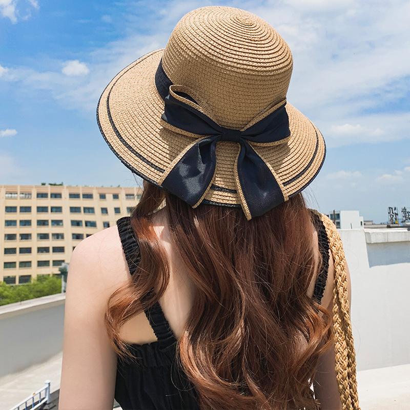 Women's Korean-style straw hat with large brim and bow, face-shading sun hat for outdoor beach use, UV protection, sun-proof straw fisherman hat
