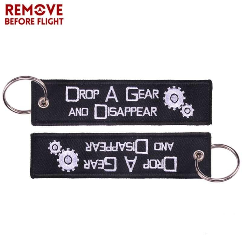 Ta bort före flygning Släpp A Gear Motorcykel Nyckelring Nyckelringar Broderi Bilnyckelring