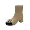 French Color Matching Flower Thick Heel Thin Short Boots Autumn and Winter Elastic Thin Boots Women's Fashion Short Boots