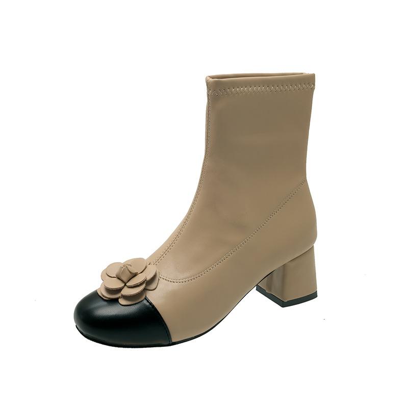 French Color Matching Flower Thick Heel Thin Short Boots Autumn and Winter Elastic Thin Boots Women's Fashion Short Boots
