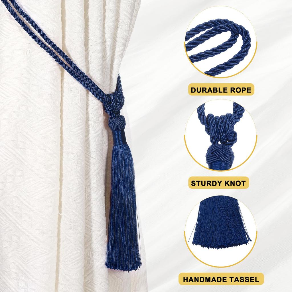 Uxcell Curtain Tiebacks, Set of 2, Handmade Elegant Curtain Tie Holders with Tassels, Window Tieback Clips for Home, Office, or Hotel Decor, Dark Blue