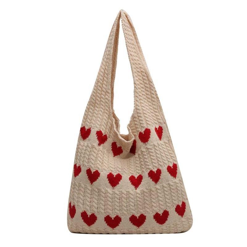 Dopamine Style Heart-Shaped Knitted Tote Bag for Women - Spring Large Capacity Fashion Student Handbag