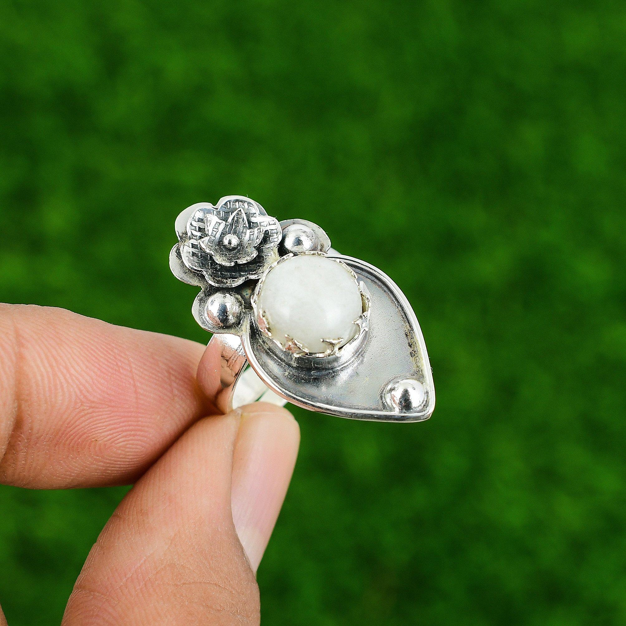

Natural Rainbow Moonstone Stackable Flower Adjustable Ring 925 Silver For Girls Adjustable