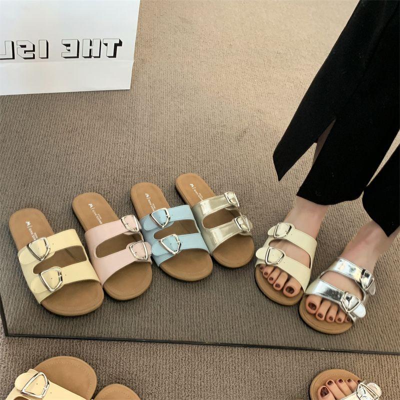 2025 summer double-breasted slippers women's flat-bottomed versatile casual outer wear lazy Boken one-word cool slippers explosion