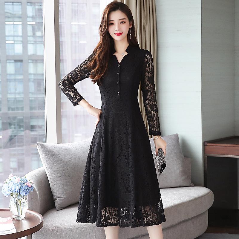 Autumn Lace Slim Fit Solid Color Long-Sleeve Plus Size Dress for Women