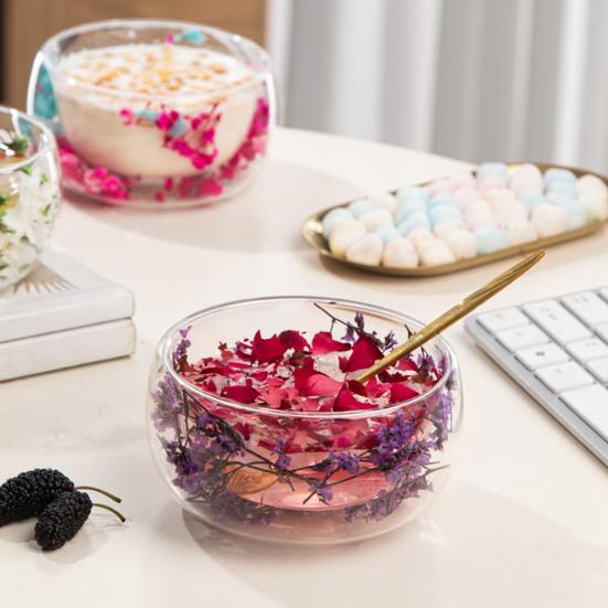 Bol de Sticlă 300ml cu Perete Dublu din Sticlă Borosilicată cu Flori Uscate Bol Decorativ Artistic pentru Supă Desert