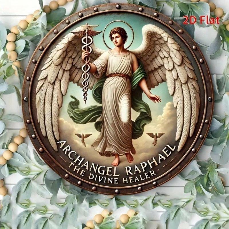 Round Metal Wall Art Archangel Raphael Vintage Home Decor