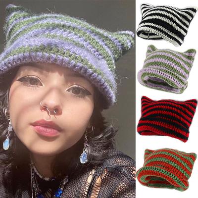 Καπέλο μαλακό ριγέ Beanie με αυτί γάτας Γυναικεία αντίθεση Χαριτωμένα κέρατα διαβόλου Καπέλο κορίτσια Χειροποίητο βελονάκι Χειμερινό ζεστό σκουφάκι σκι για δώρο απόκριες