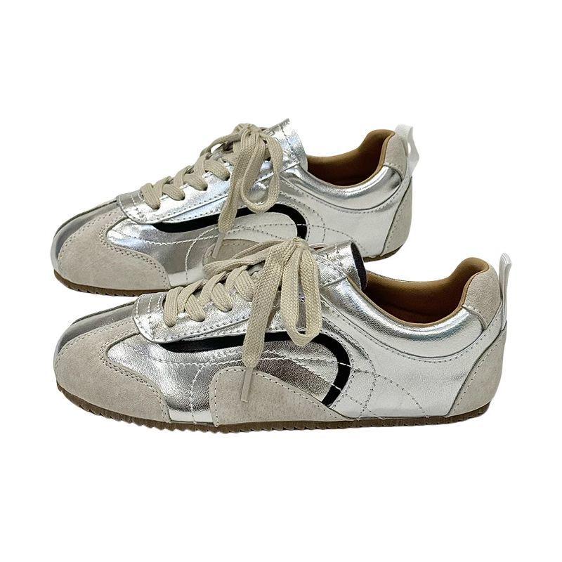 Retro Farbblock Flache Silberne Sneaker für Damen – 2025 Atmungsaktive Vielseitige Lässige Skate-Schuhe