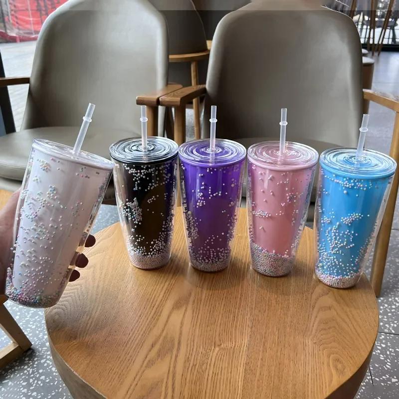 780ml Large Straw Tumbler Cute Kawaii Macaron Bubbles Cups with Straws Double Wall Plastic Water Bottle Drinkware for Girl Women