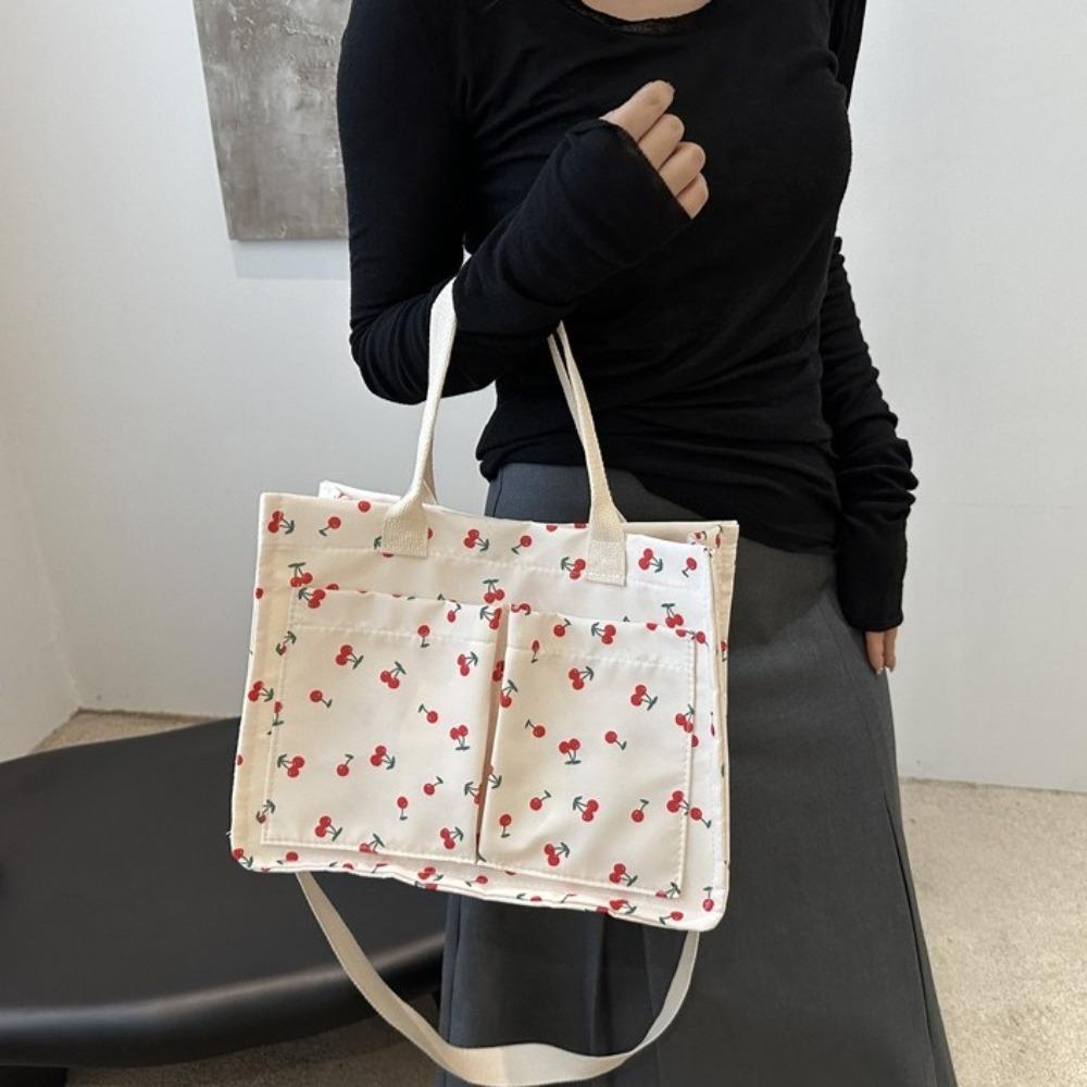 Large Capacity Cherry Tote Bag Korean Style Canvas Handbag Casual Women Shoulder Bag Outdoor