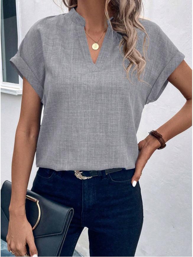 Women's Solid Color V-neck Batwing Sleeve Summer Top - Fashionable Short-sleeved Shirt