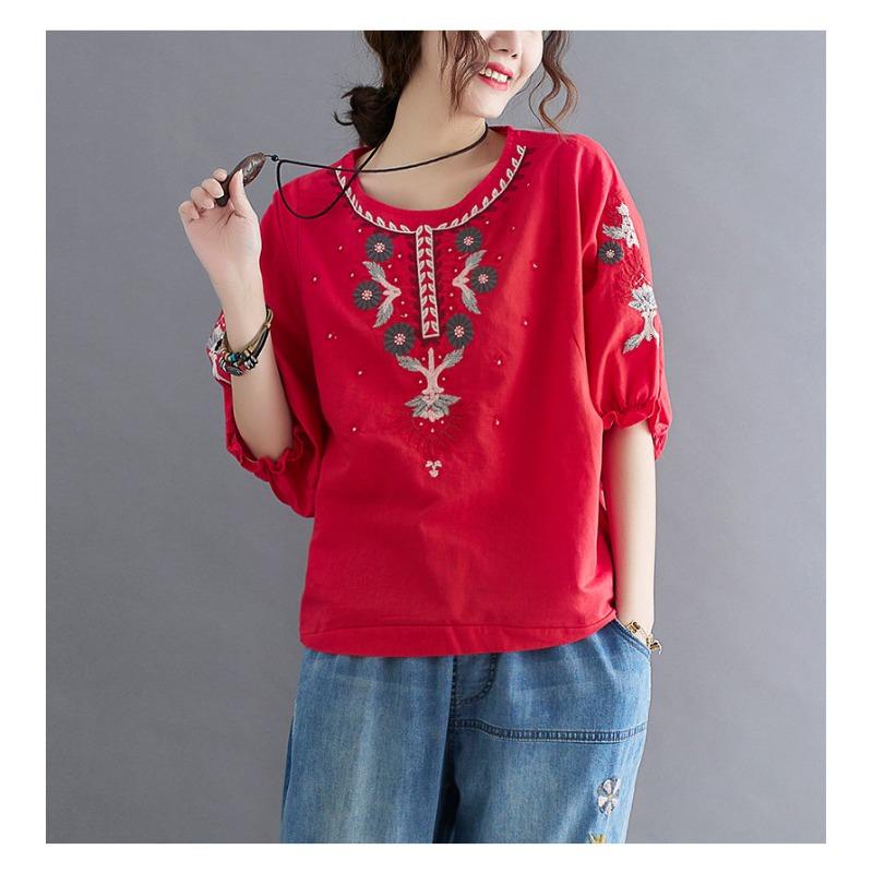 Letnia Nowość Styl Retro Literacki Luźna i Wszechstronna Etniczny Styl Bawełniana i Lniana Haftowana Koszula dla Kobiet