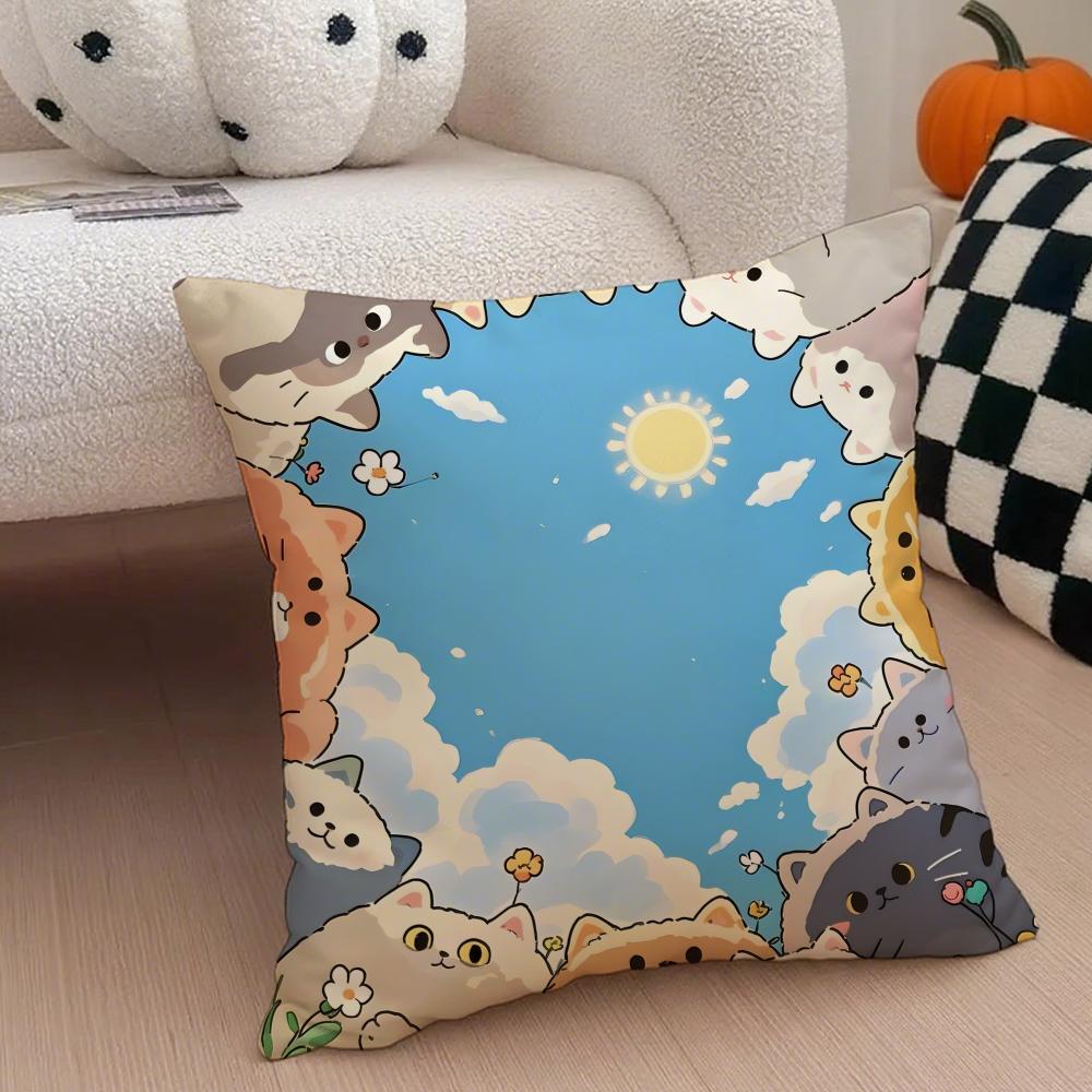 Cartoon Cute Cat Picture For Wake Up Cushion Cover Throw Pillow Cover Hidden Button Durable Polyester Chair Cushion