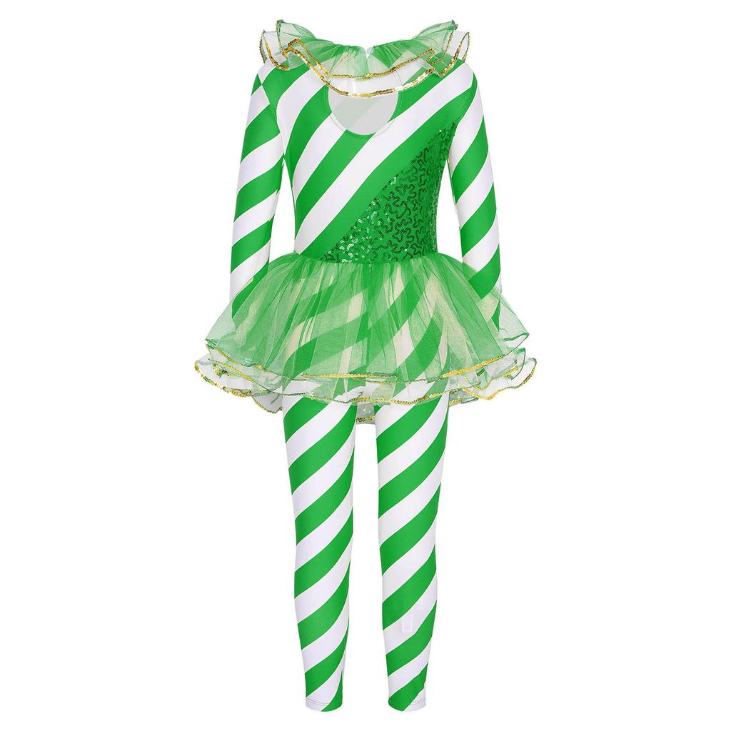 Girls Striped Jumpsuit Round Neck Long Sleeve Sequin Dance Leotard Christmas Party Wear