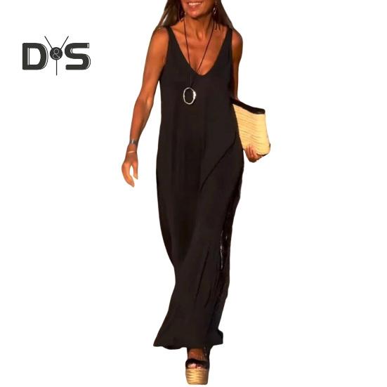 

Женское летнее платье-комбинация без рукавов, повседневное платье макси с V-образным вырезом и разрезом, свободный пляжный сарафан, наряд для путешествий и отпуска XL чёрный