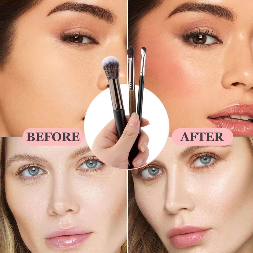 3Pcs Nose Contour Brushes,2-In-1 U-Shaped Brush and Eyeshadow Brushes & Angled Tilt Brush,Make-up Brushes Set for Nose-Sculpting and Defining,for