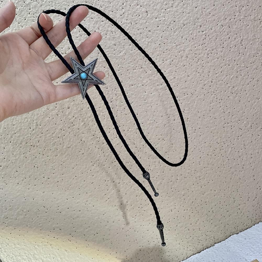 PU Woven Five-pointed Star Bolo Tie Boho Bronze Butterfly Choker Turquoise Feather Necklace Women