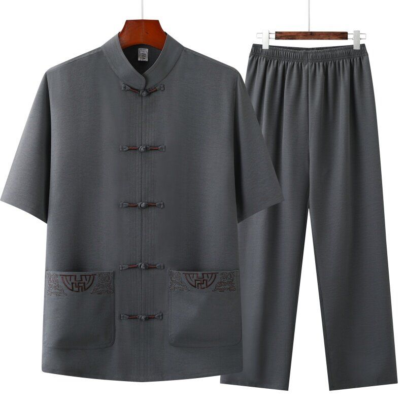Traditional Clothing Set For Men Adult Tai Chi Kung Fu Uniforms Linen Short Sleeve Embroidery Casual Costumes