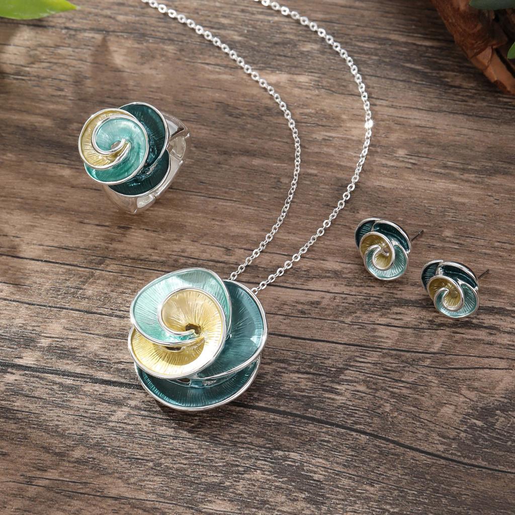 Luxury New Enamel Color Geometric Rose Stud Earrings Necklace Set, Women's Versatile Flower Necklace