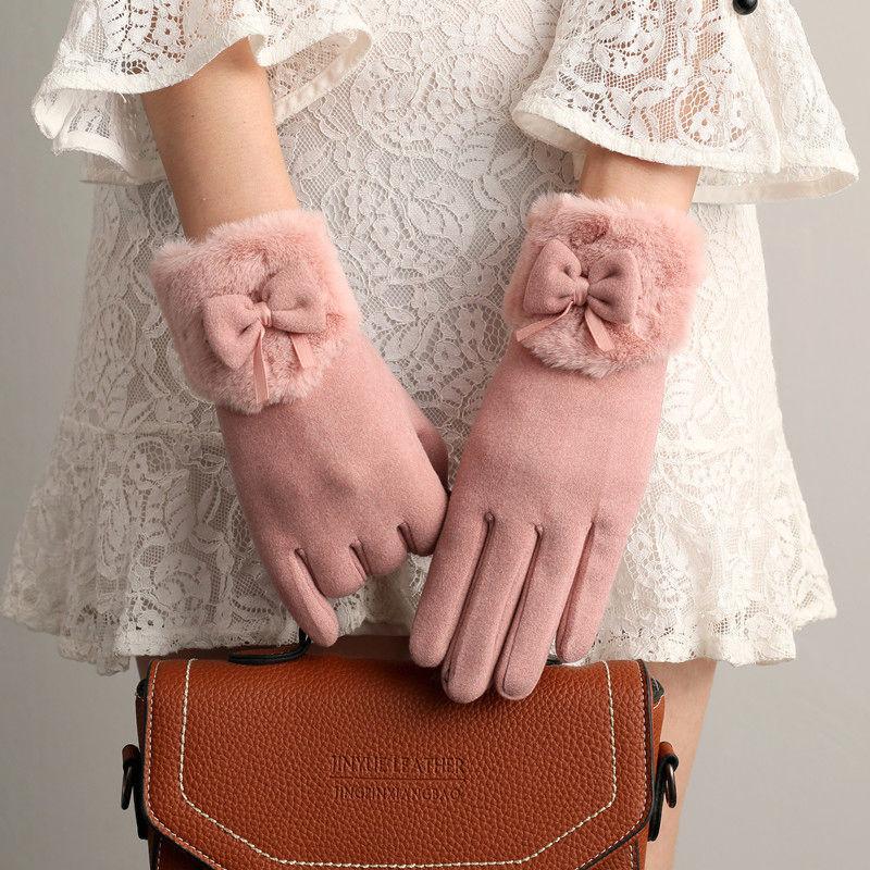 New Female Autumn Winter Non-Inverted Velvet Cashmere Full Finger Warm Lace Gloves Women Cotton Touch Screen Gloves G82