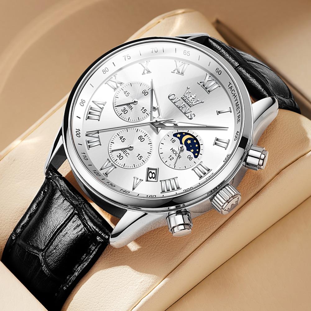 OLEVS Men's Watches Sport Fashion Fine Steel Original Brand Quartz Wristwatch for Man Roman Scale Waterproof Moon Phase Date New