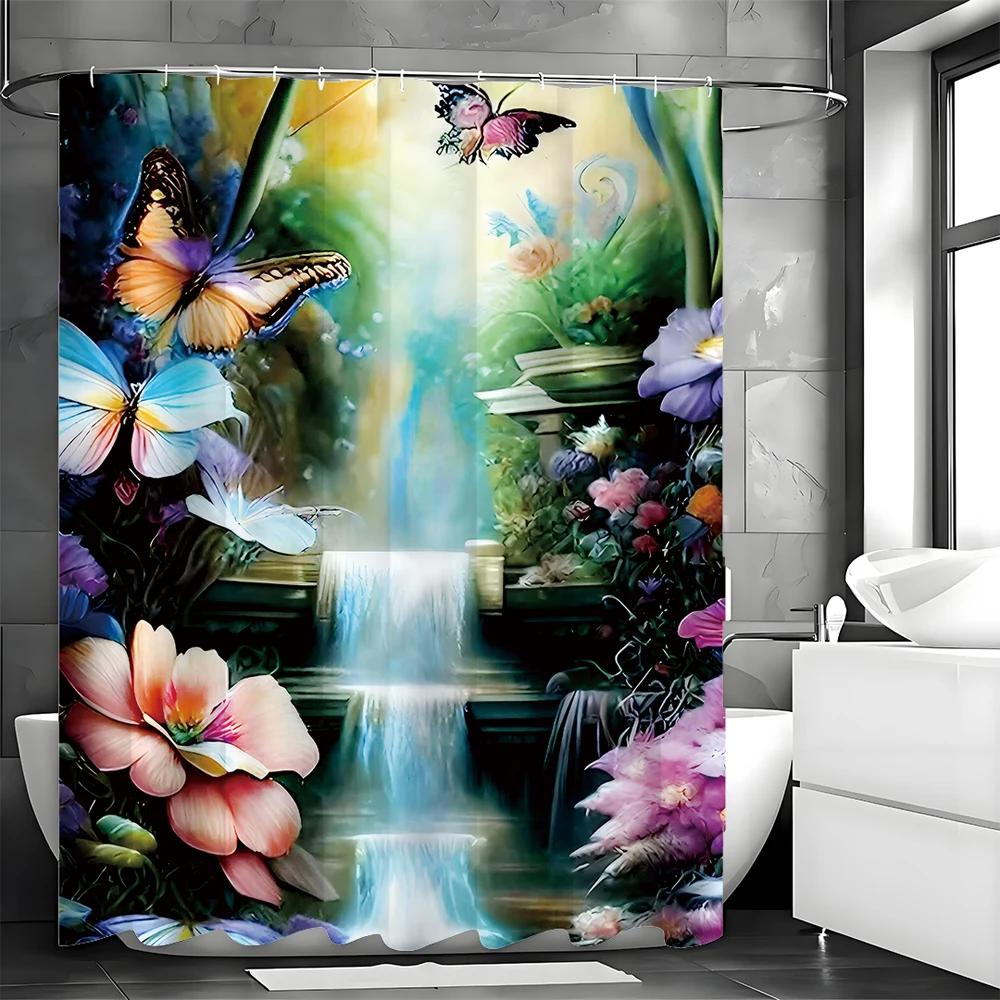 Butterfly Waterfall Floral Shower Curtain, Bathroom Decorative Shower Curtain, Waterproof Shower Curtain with Hooks
