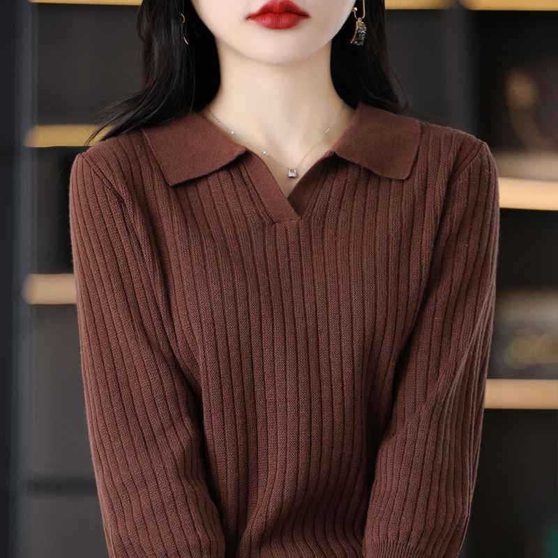 Spring and Summer Latest Cotton Thread 7-quarter Sleeve POLO Collar Sweater Women Pullover Thread Pit Strip Trendy Base Top