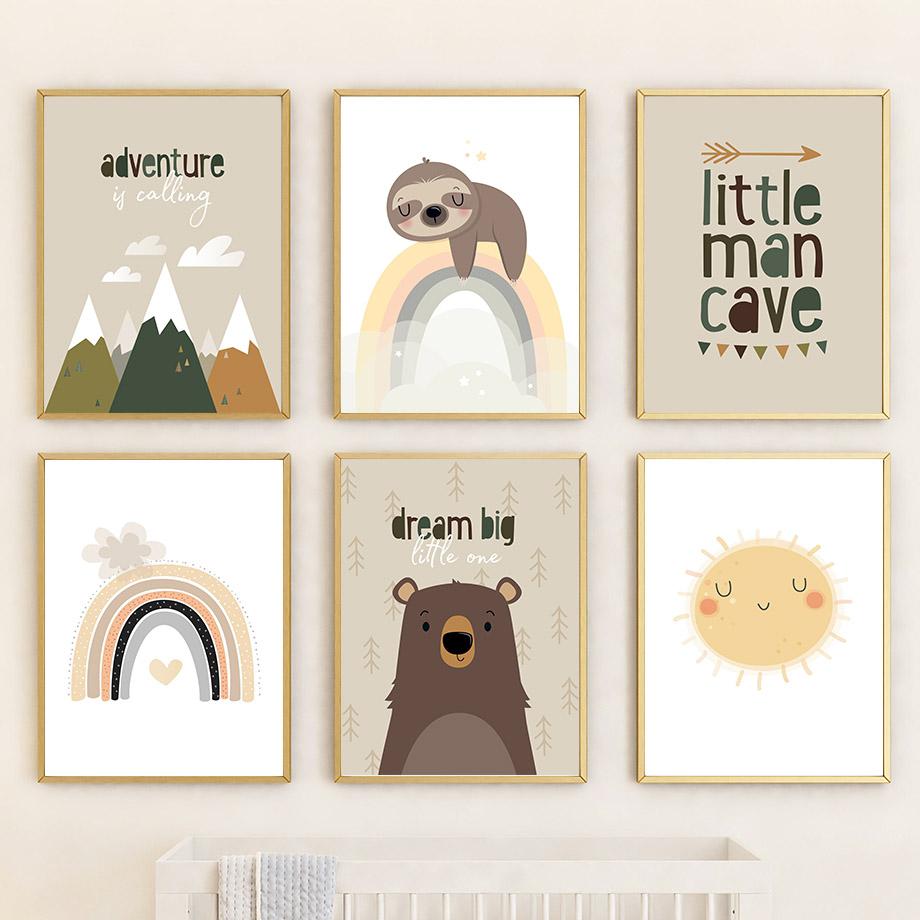 Boho Bear Sloth Mountain Sun Rainbow Nursery Posters Cartoon Wall Art Print Canvas Painting Baby Kids Room Home Decor Pictures