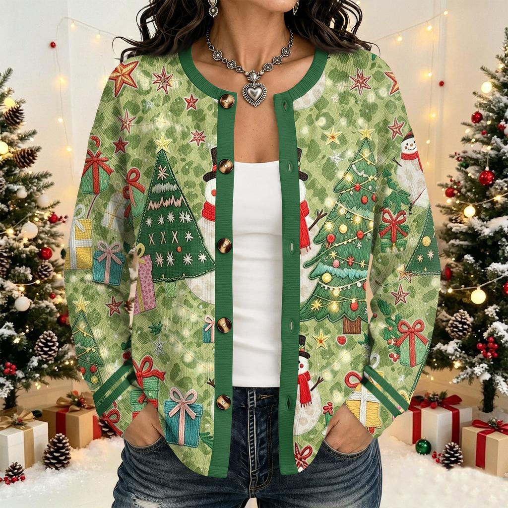 Women's Christmas Print Cardigan Long Sleeve Open Front Jacket for Holiday Party and Everyday Wear
