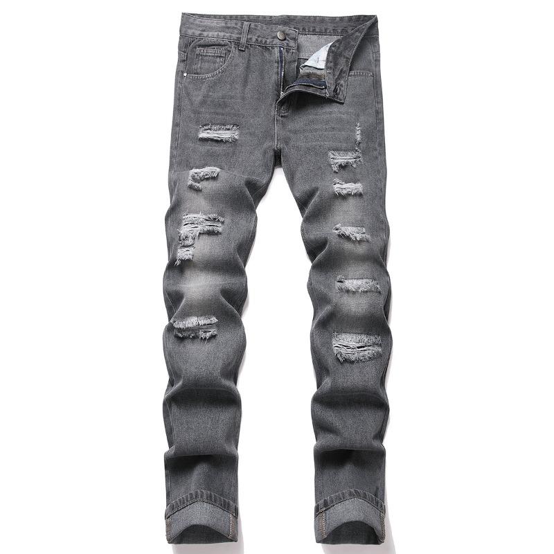 Men's Distressed Straight-Leg Slim-Fit Non-Stretch Denim Jeans Ripped Long Pants