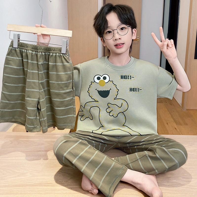 Cotton 3-Piece Pajama Set Boys Lightweight Short Sleeve Sleepwear Cartoon Print Home Wear Ages 8