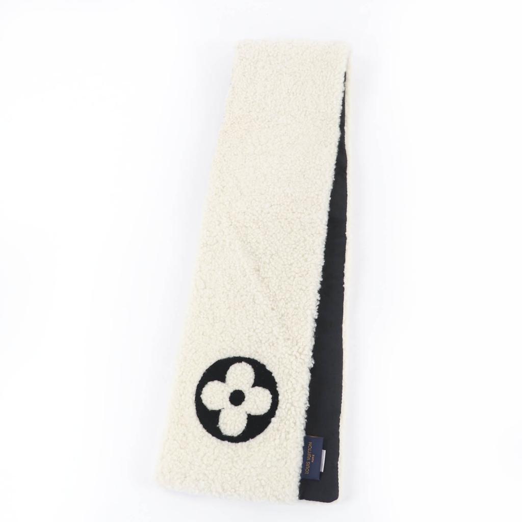 Great LOUIS VUITTON Scarf LV logo shearling mouton Ivory Sheep leather M77054 Used