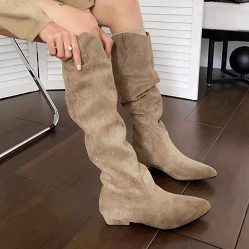 Long Boots Women Suede Heeled Shoes Designer Dress New Knee High Boots Woman 2025 Casual Goth Chelsea Botas Para Mujer