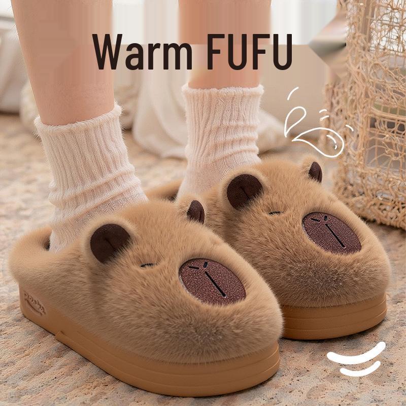 Damskie Kapibara Pluszowe Bawełniane Kapcie na Grubej Podeszwie - Antypoślizgowe, Ciepłe, z Zakrytymi Palcami Obuwie Zimowe do Wewnątrz/Na Zewnątrz