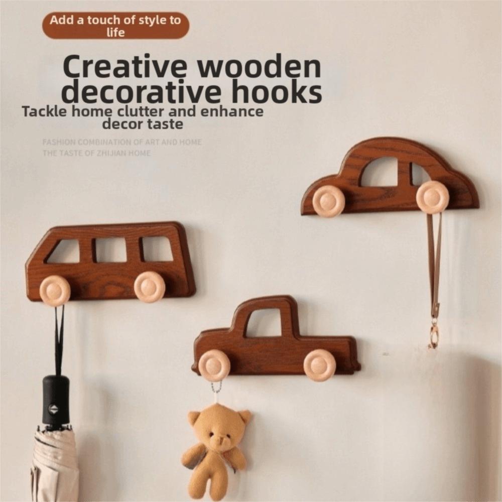 Cute Wall Mounted Car Shaped Hooks Vintage Style Cartoon Coat Hook Wooden Free Punching Wall Decorative Hook Entrance Decor