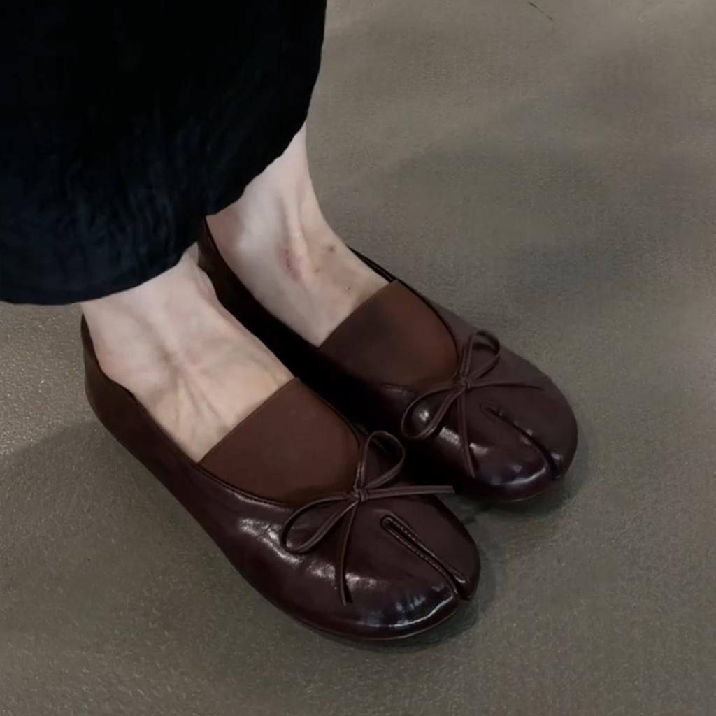 Cowhide~ Leather bow-toed shoes, pig's trotters, women's commuting elastic band, flat-bottomed retro ballet shoes, single shoes