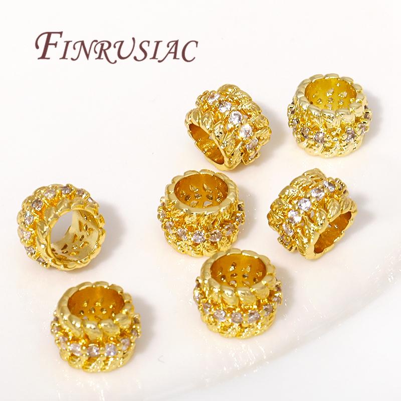 18K Gold Plated Brass Zircon Spacer Beads Accessories For Bracelet,Big Hole Bead,Metal Beads Separators For Jewelry DIY Fittings