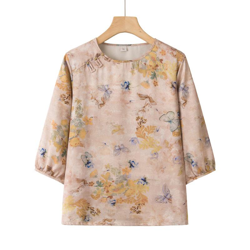 

Retro Artistic Print Round Neck Grandma Style Summer Pullover Blouse for Women 3XL for 120-140 jin