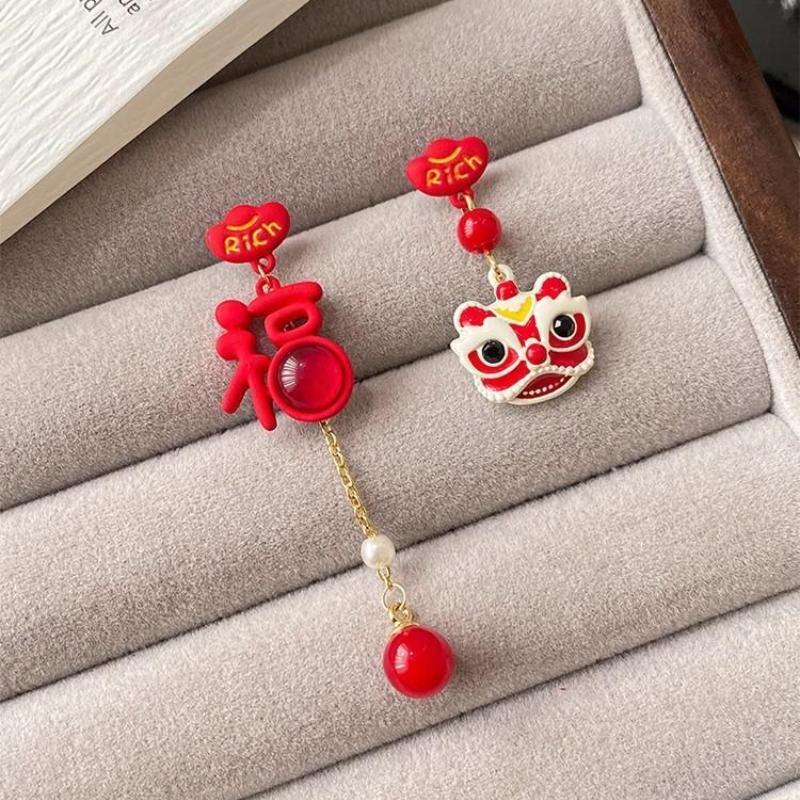 Chinese Style Red Little Lion Bell Pendant Earrings for Women The Year of The Dragon Gift New Year Festive Jewelry Gifts