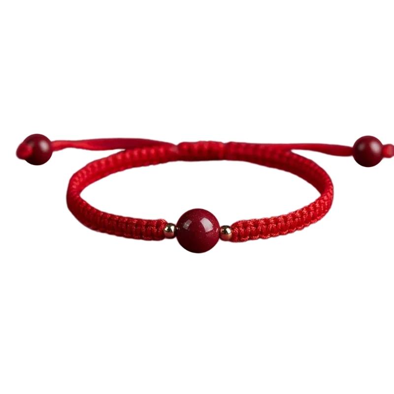Chinese Red Woven Bracelet Handmade Round Bead Wrist Bangle Adjustable Red Rope Hand Link Chain for Luck and Fortune