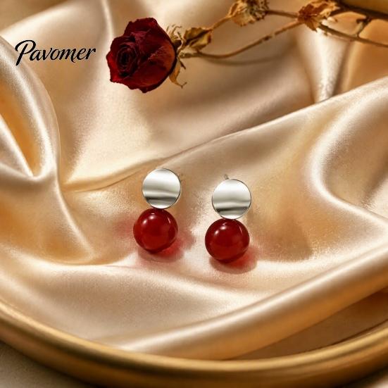 Elegant Jewelry for Women 1 Pair Red Bead Round Stud Earrings, Minimalist Light Luxury Birthday Gifts Her Earrings Women, Polished Silver Disc