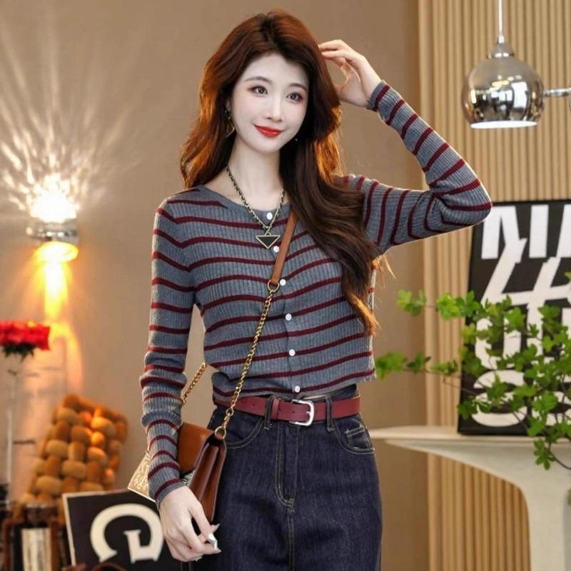 Striped Knitted Bottoming Shirt Women's Early Autumn Outer Cardigan Versatile Long-sleeved Top