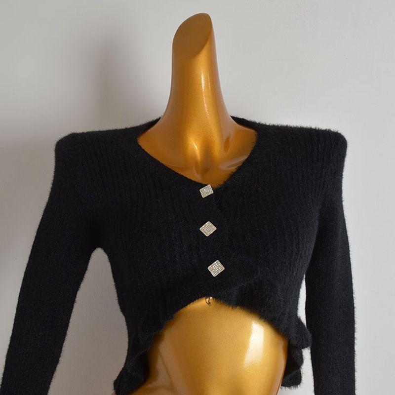 French Simplicity Anti-Mink Velvet V-neck Double-Breasted Knitting Cardigan Sweater Women's Autumn High Waist Slimming and Short Long Sleeves Outwear