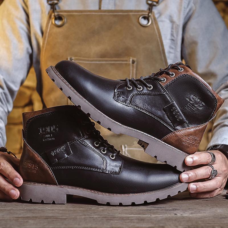 Herren-Martin-Stiefel aus Retro-Leder mit seitlichem Reißverschluss - Britische Arbeitsstiefel aus mittelhohem Rindsleder für Herbst/Winter