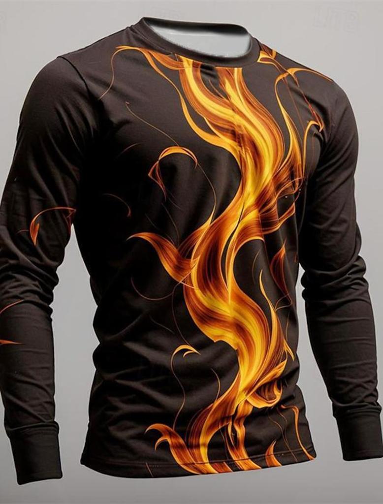 3D Printed Flame Scratch Pattern 3D Printed Autumn Men's Crew Neck T-Shirt Casual Long Sleeve Oversized Pullover Fashion Tops