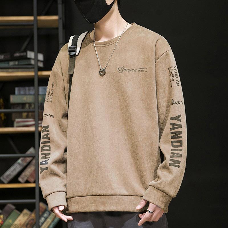 גופיות גברים אמריקאיות צווארון עגול בד רך איכותי עמיד בפני קמטים סגנון רחוב ספורט קז'ואל נושם רפוי טרנד אופנתי נוח שרוולים ארוכים